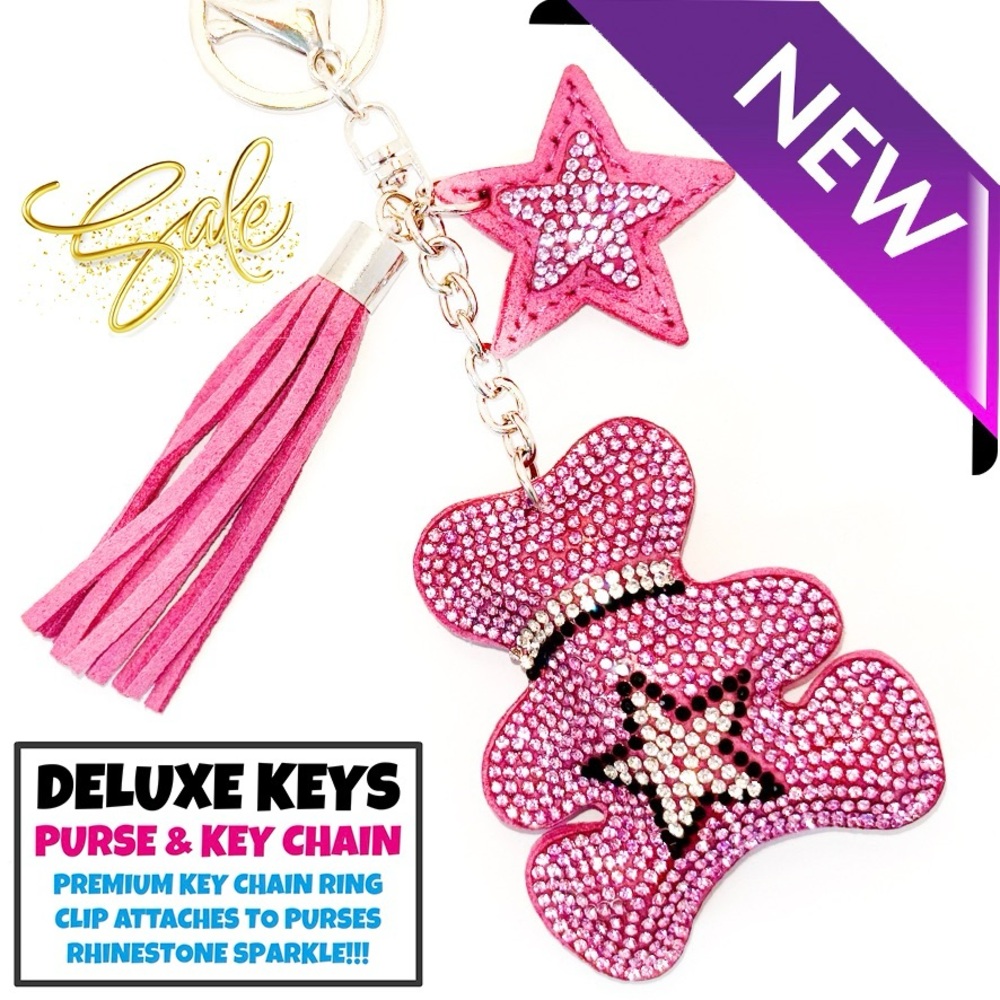 DeLuxe Keys Rhinestone Keychain/Purse Chain PINK BEAR WITH STARS